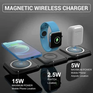 Charge smarter with this 3-in-1 Magnetic Wireless Charger. Foldable, magnetic, and fast — supports iPhone, Apple Watch & AirPods with up to 15W wireless power.