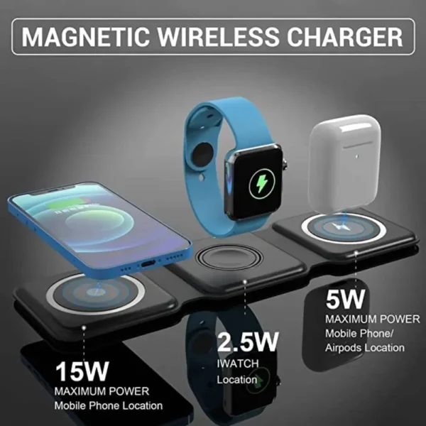 Charge smarter with this 3-in-1 Magnetic Wireless Charger. Foldable, magnetic, and fast — supports iPhone, Apple Watch & AirPods with up to 15W wireless power.