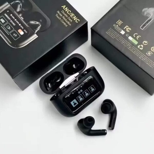Experience the power of noise-free sound with Black A9 Pro ANC AirPods. Smart screen, Bluetooth 5.4, and long battery make it your ideal audio companion.