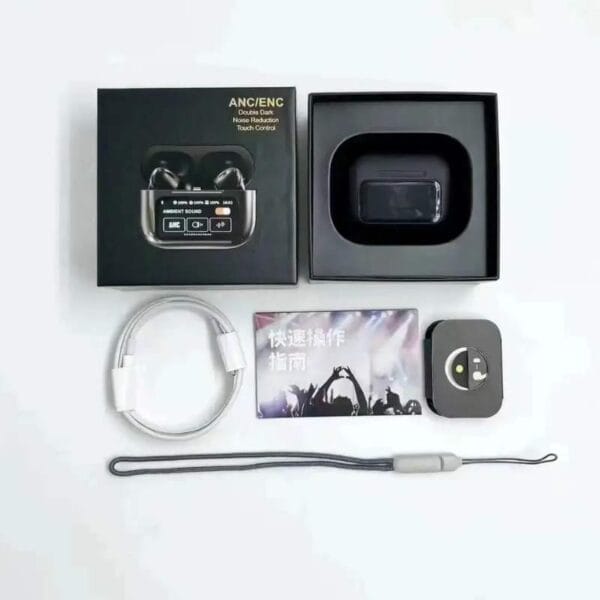 Black A9 Pro ANC AirPods with Smart Screen – Bluetooth 5.4 - Image 3