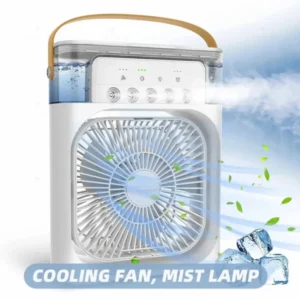 Shop 10-inch USB Portable Air Conditioner Fan with LED light, humidifier, and fine mist cooling. Energy-saving, low noise & perfect for home or office use.