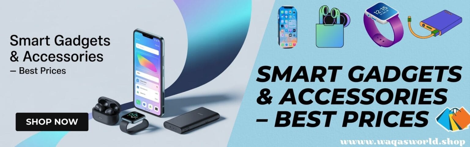 Smart gadgets including smartphone, earbuds, smartwatch, and accessories
