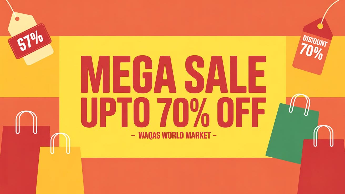 Waqas World Market Mega Sale banner with shopping bags and discount tags up to 70% off