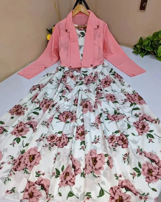 2 Pcs Stylish Floral Print Maxi Dress With Pink Jacket – Women’s Western Wear – Floral Maxi - Image 2