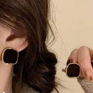 French Square Earrings – Elegant Metallic Geometric Studs for Women