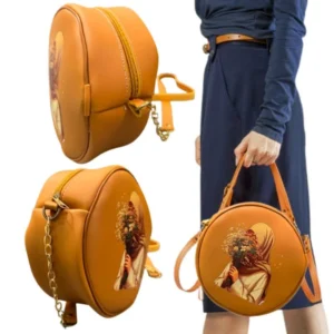 Stylish Round Retro Crossbody Handbag in caramel with unique girl & flower artwork. Premium faux leather, compact, lightweight & perfect for daily use.