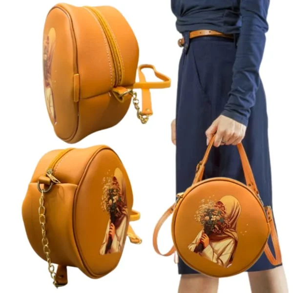 Stylish Round Retro Crossbody Handbag in caramel with unique girl & flower artwork. Premium faux leather, compact, lightweight & perfect for daily use.