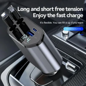 Charge 4 devices at once with the 4-in-1 Retractable Car Charger. Features dual retractable cables, PD fast charging, 100W Type-C output & universal compatibility.