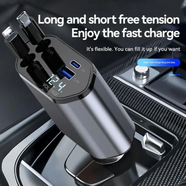 Charge 4 devices at once with the 4-in-1 Retractable Car Charger. Features dual retractable cables, PD fast charging, 100W Type-C output & universal compatibility.