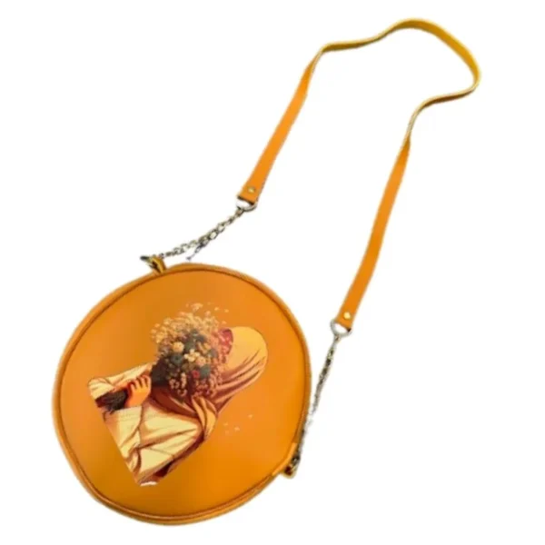 Round Retro Crossbody Handbag – Caramel Printed Bag - Image 5