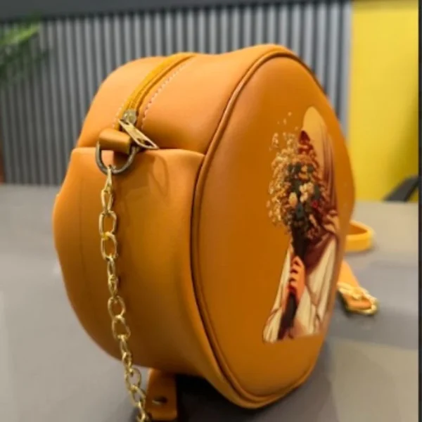 Round Retro Crossbody Handbag – Caramel Printed Bag - Image 2
