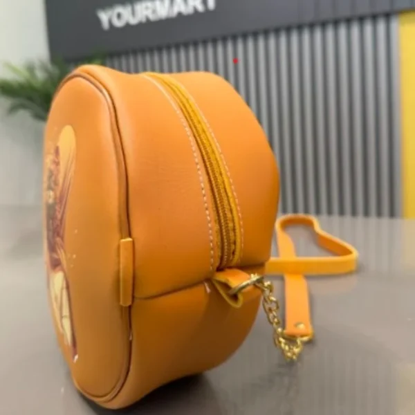 Round Retro Crossbody Handbag – Caramel Printed Bag - Image 3