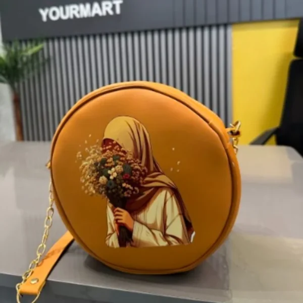 Round Retro Crossbody Handbag – Caramel Printed Bag - Image 4
